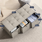 Foldable Tufted Linen Long Bench Storage Ottoman with 3 Drawers