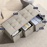 Foldable Tufted Linen Long Bench Storage Ottoman with 3 Drawers - Beige