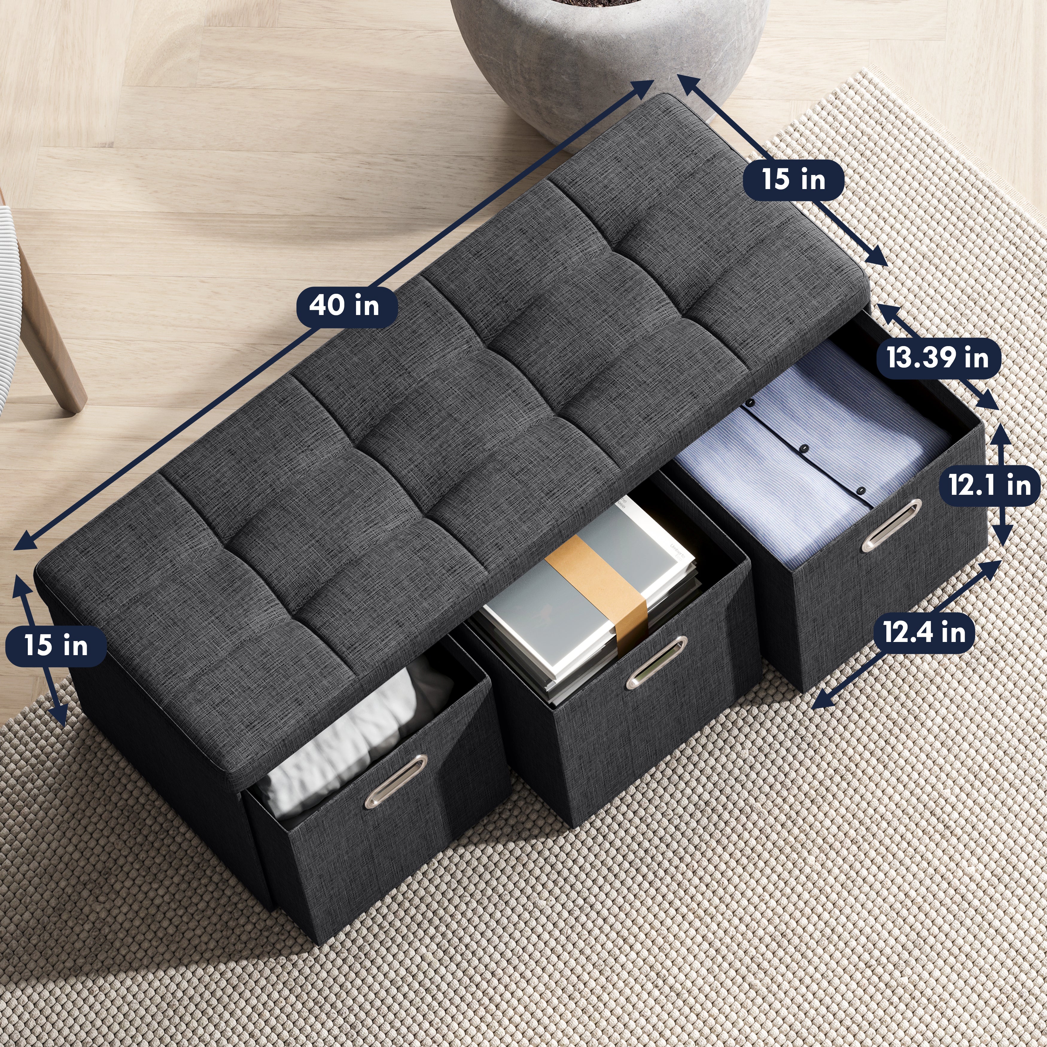 Foldable Tufted Linen Long Bench Storage Ottoman with 3 Drawers - Black