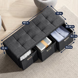 Foldable Tufted Linen Long Bench Storage Ottoman with 3 Drawers - Black