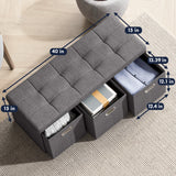 Foldable Tufted Linen Long Bench Storage Ottoman with 3 Drawers - Charcoal Gray
