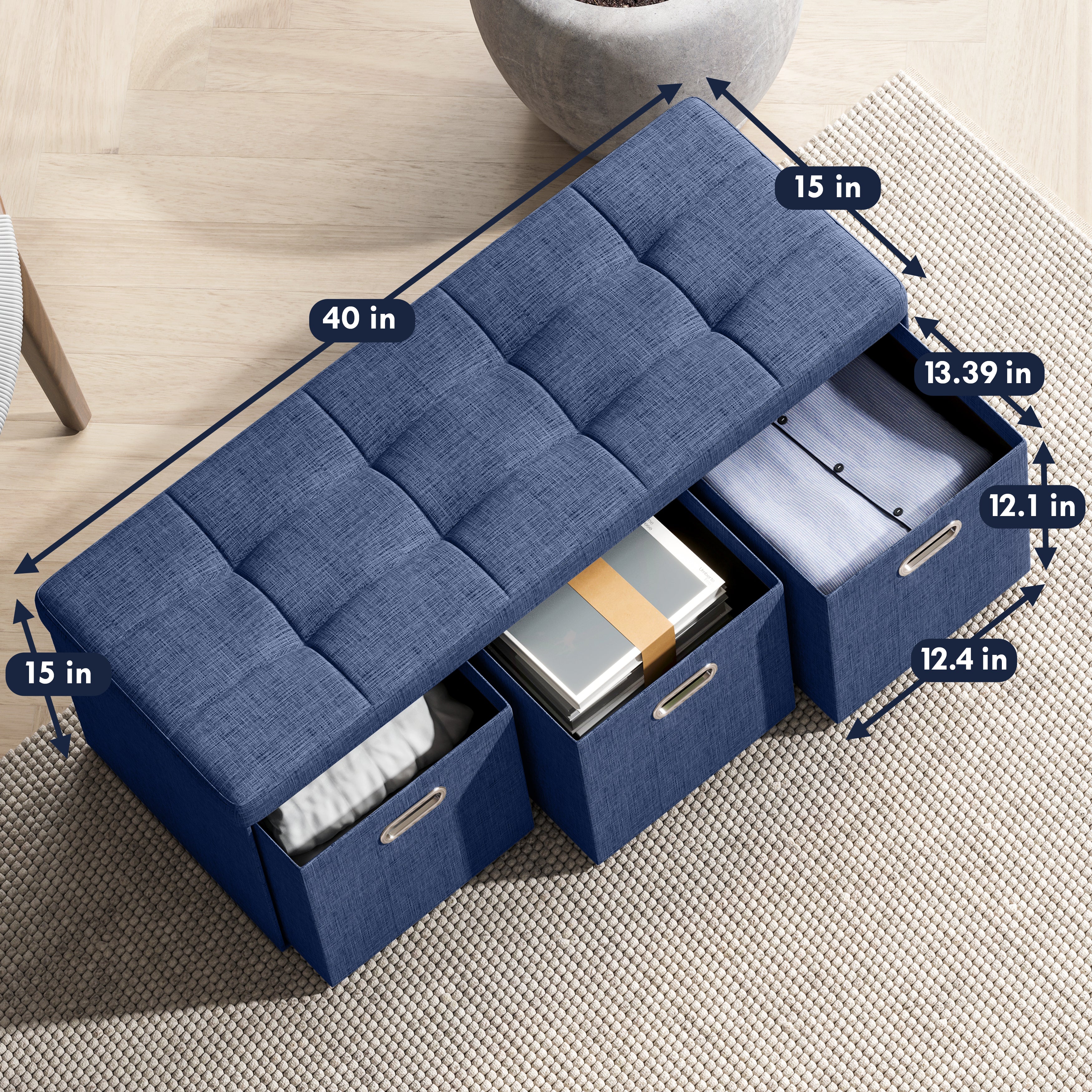 Foldable Tufted Linen Long Bench Storage Ottoman with 3 Drawers - Navy