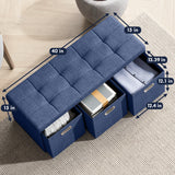 Foldable Tufted Linen Long Bench Storage Ottoman with 3 Drawers - Navy