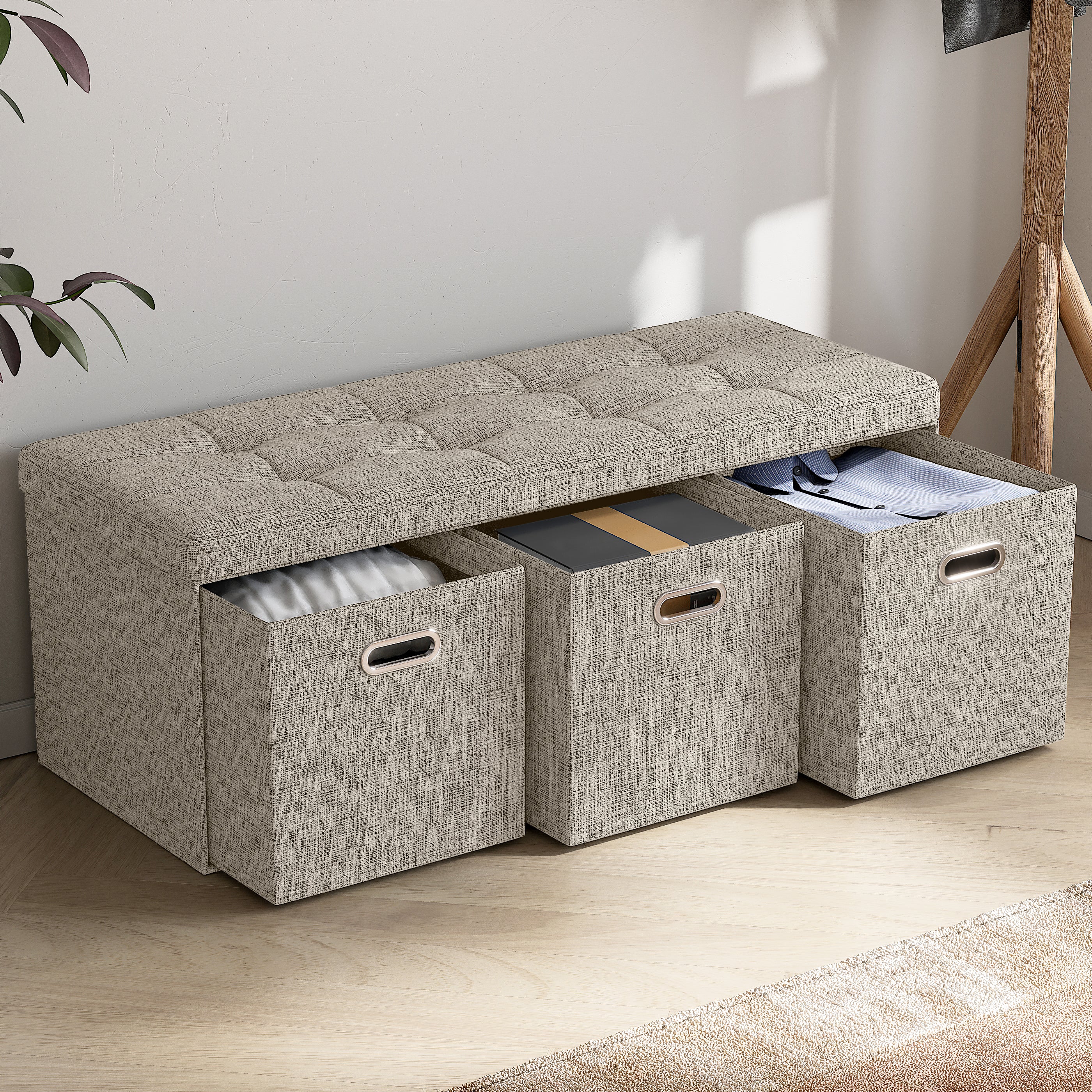 Foldable Tufted Linen Long Bench Storage Ottoman with 3 Drawers - Beige