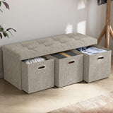 Foldable Tufted Linen Long Bench Storage Ottoman with 3 Drawers - Beige