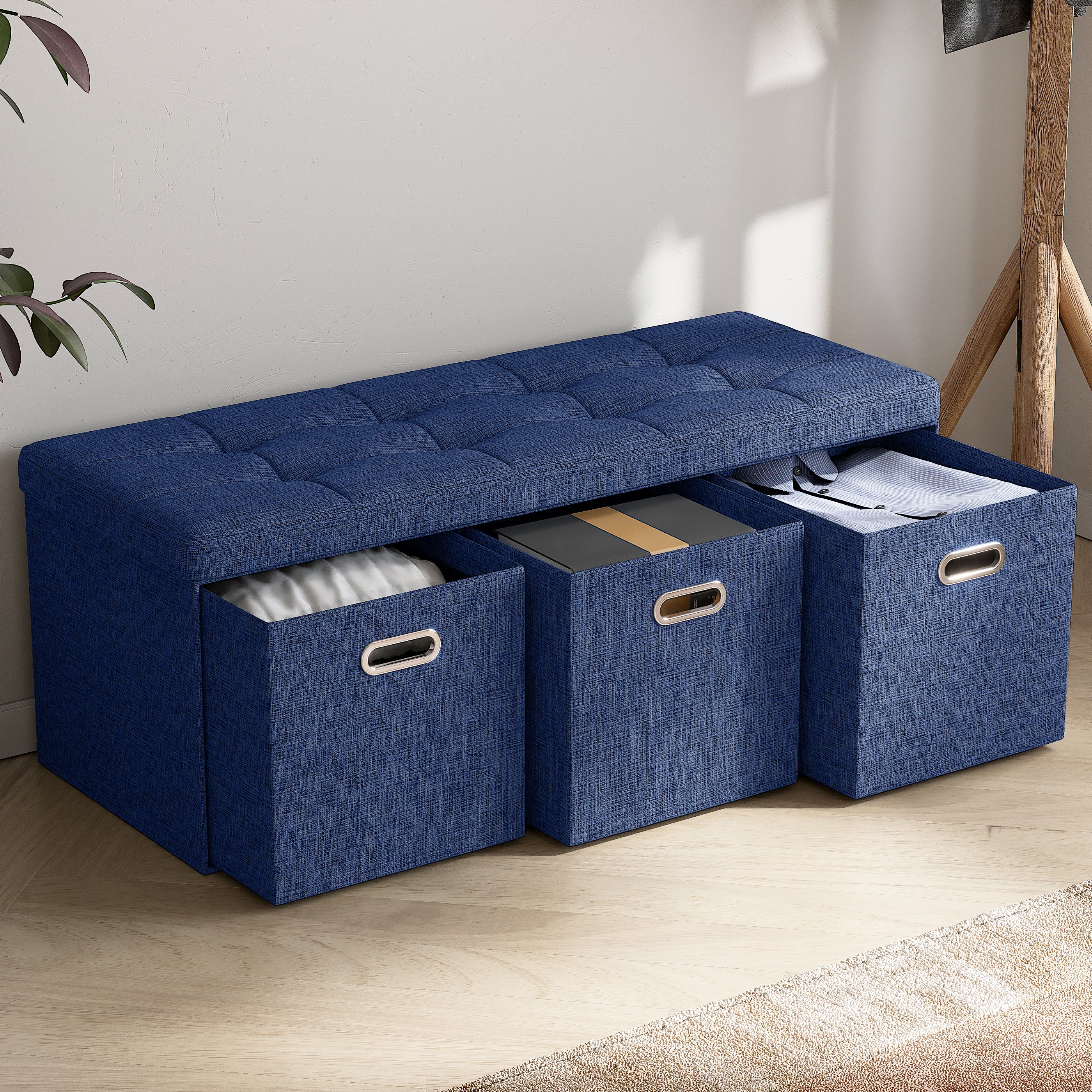 Foldable Tufted Linen Long Bench Storage Ottoman with 3 Drawers