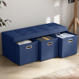 Foldable Tufted Linen Long Bench Storage Ottoman with 3 Drawers
