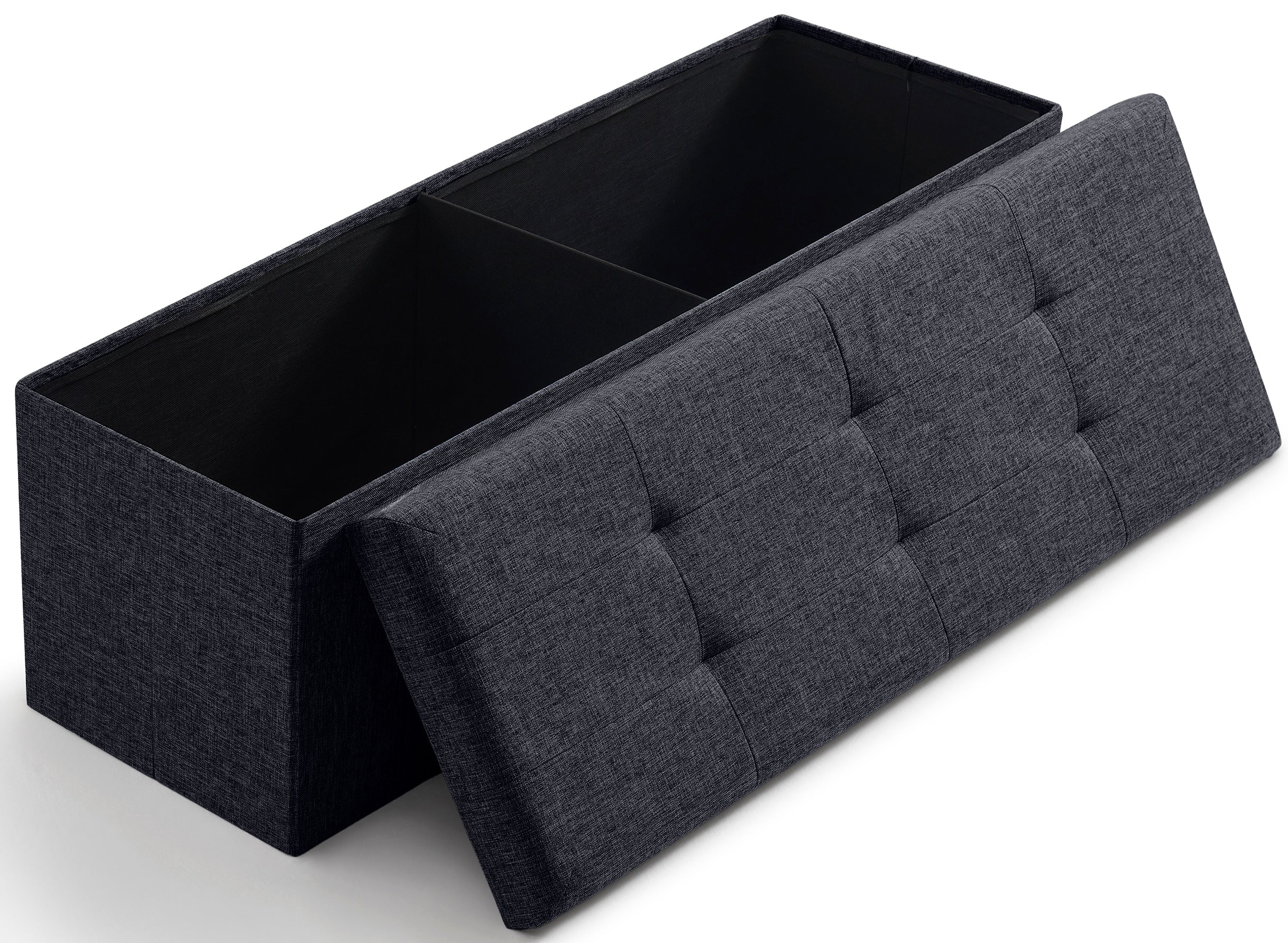 Foldable Tufted Linen Long Bench Storage Ottoman - Black