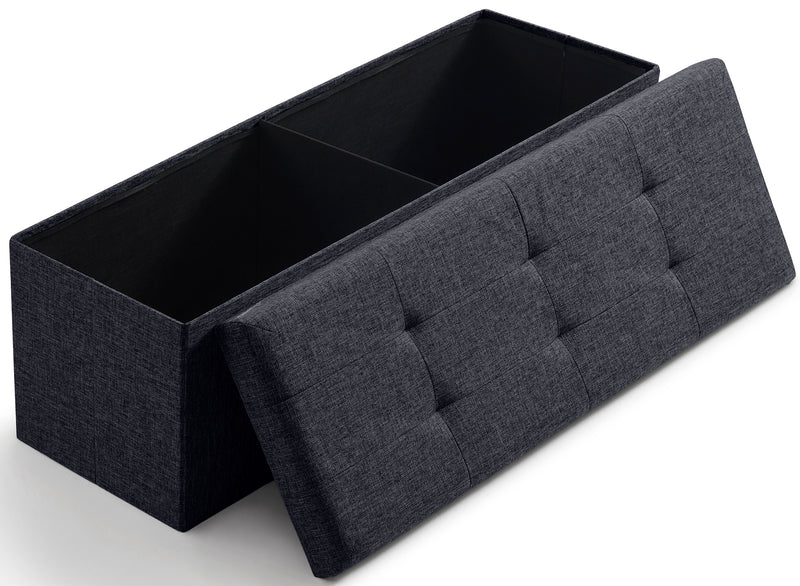 Foldable Tufted Linen Long Bench Storage Ottoman - Black