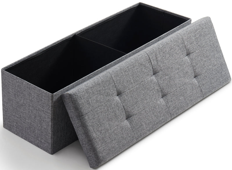 Foldable Tufted Linen Long Bench Storage Ottoman - Gray
