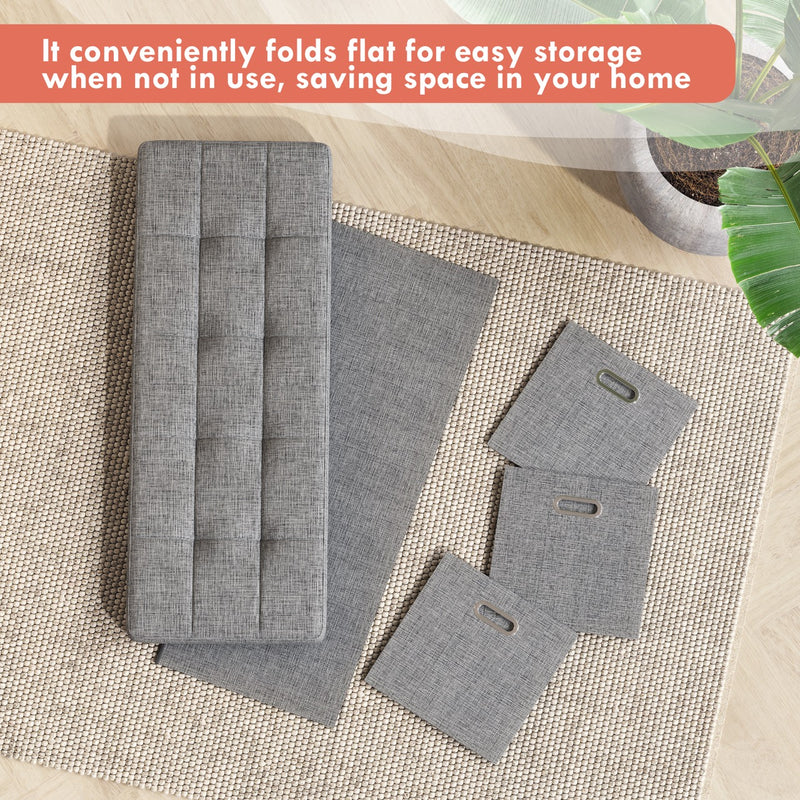 Foldable Tufted Linen Long Bench Storage Ottoman with 3 Drawers - Gray