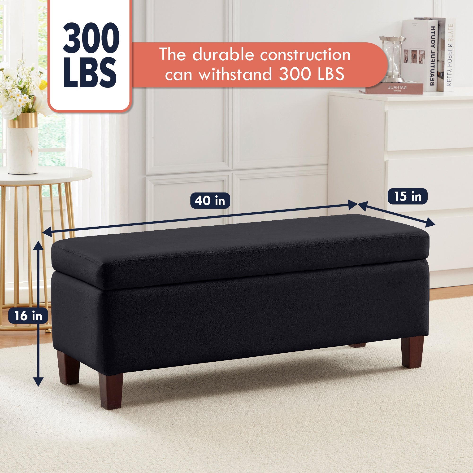 Hamilton Long Bench Storage Ottoman with Easy Lift Hinge Lid - Velvet Black