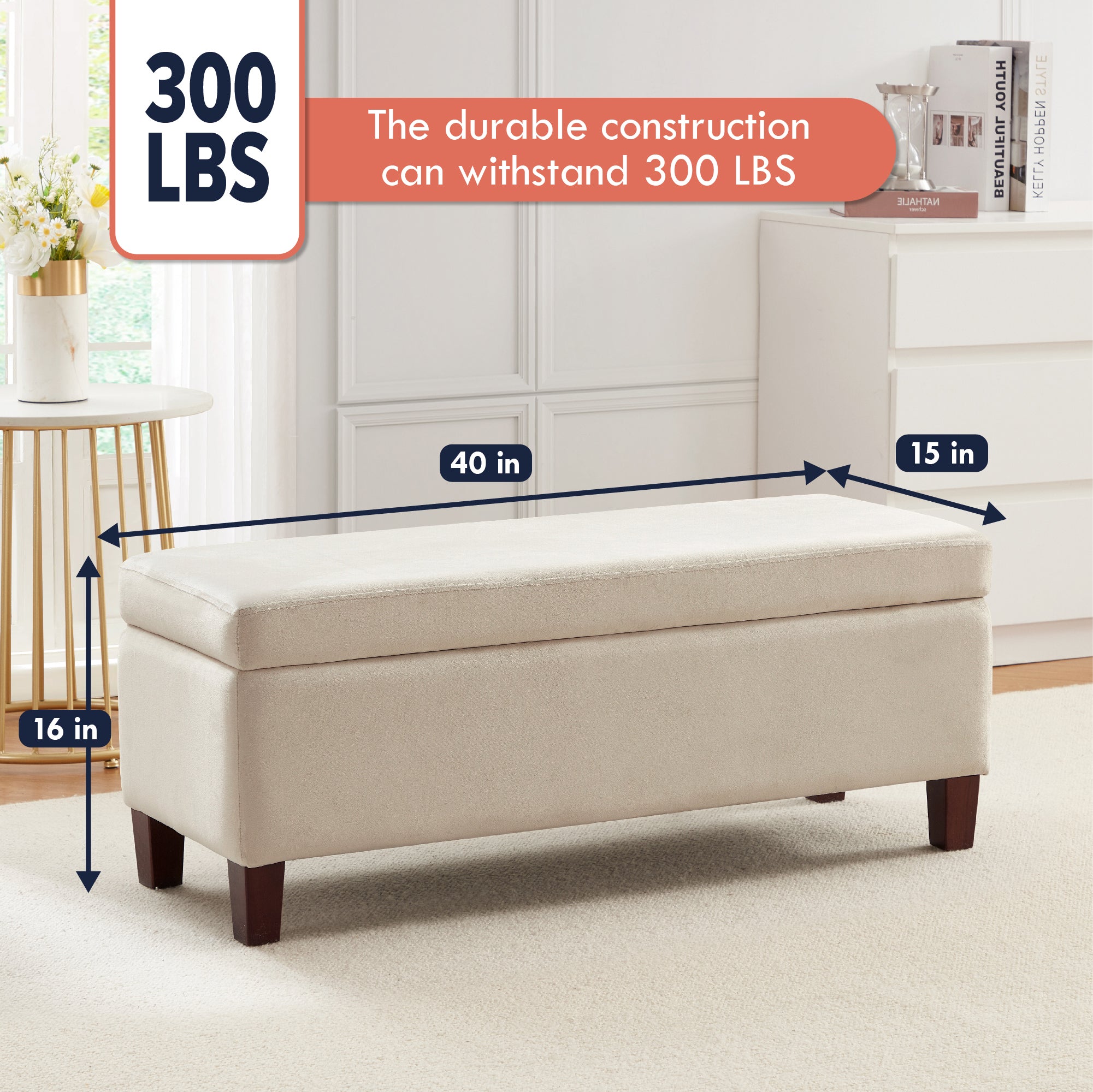 Hamilton Long Bench Storage Ottoman with Easy Lift Hinge Lid - Velvet Cream