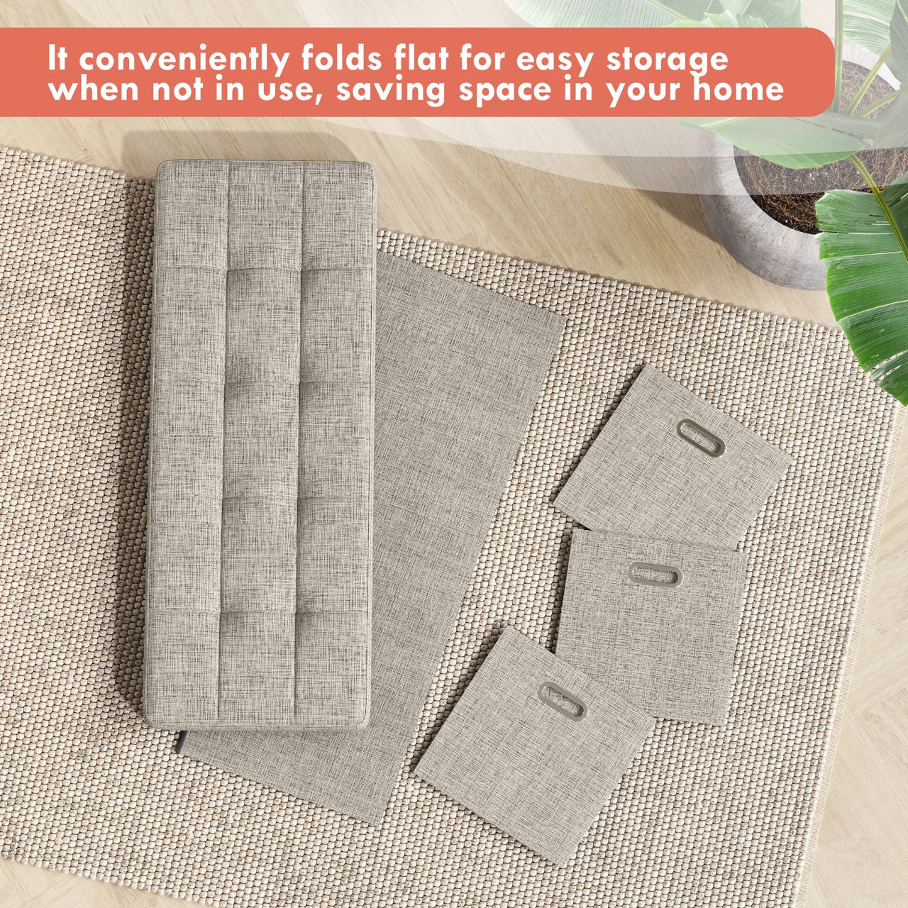 Foldable Tufted Linen Long Bench Storage Ottoman with 3 Drawers - Beige