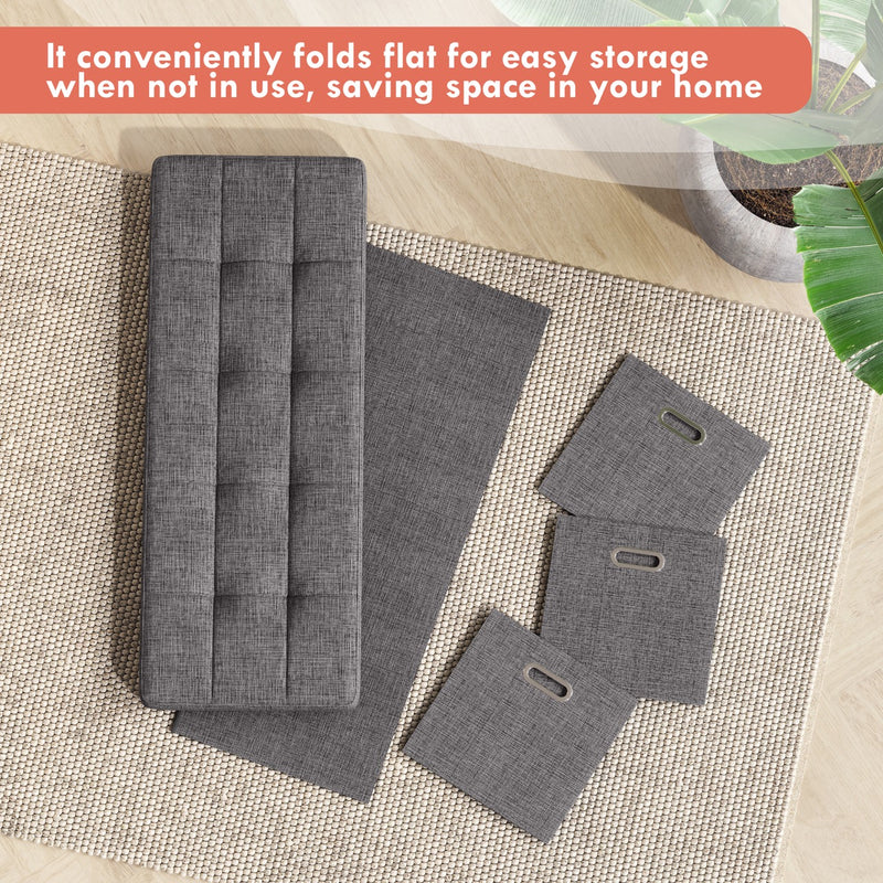Foldable Tufted Linen Long Bench Storage Ottoman with 3 Drawers - Charcoal Gray