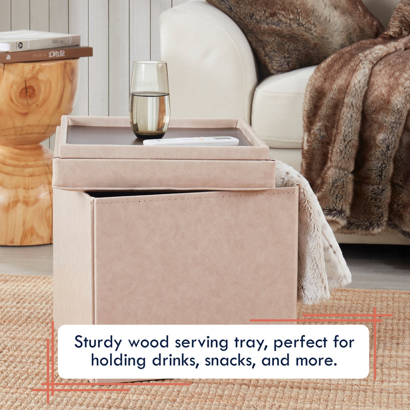 Collapsible Tufted Faux Leather Square Coffee Table Storage Ottoman - Cream
