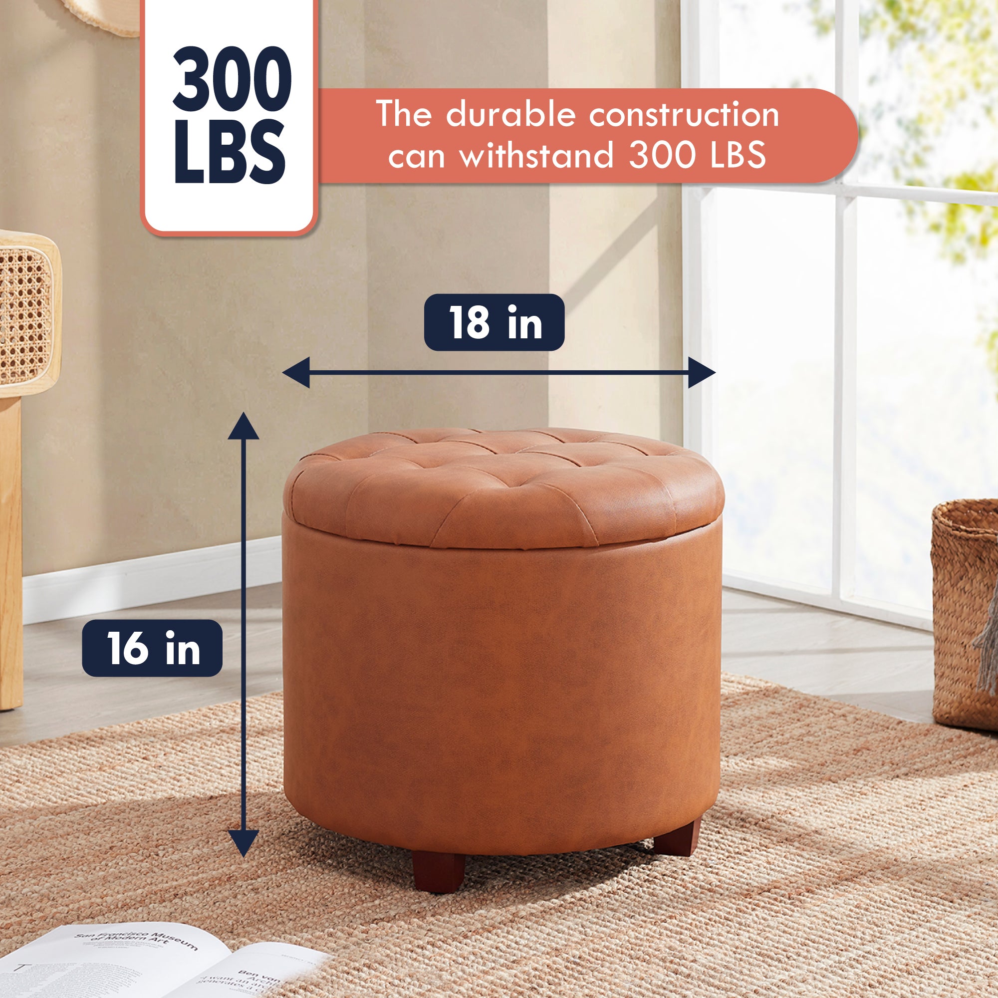 Donovan Round Tufted Faux Leather Storage Ottoman - Cognac