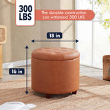 Donovan Round Tufted Faux Leather Storage Ottoman - Cognac