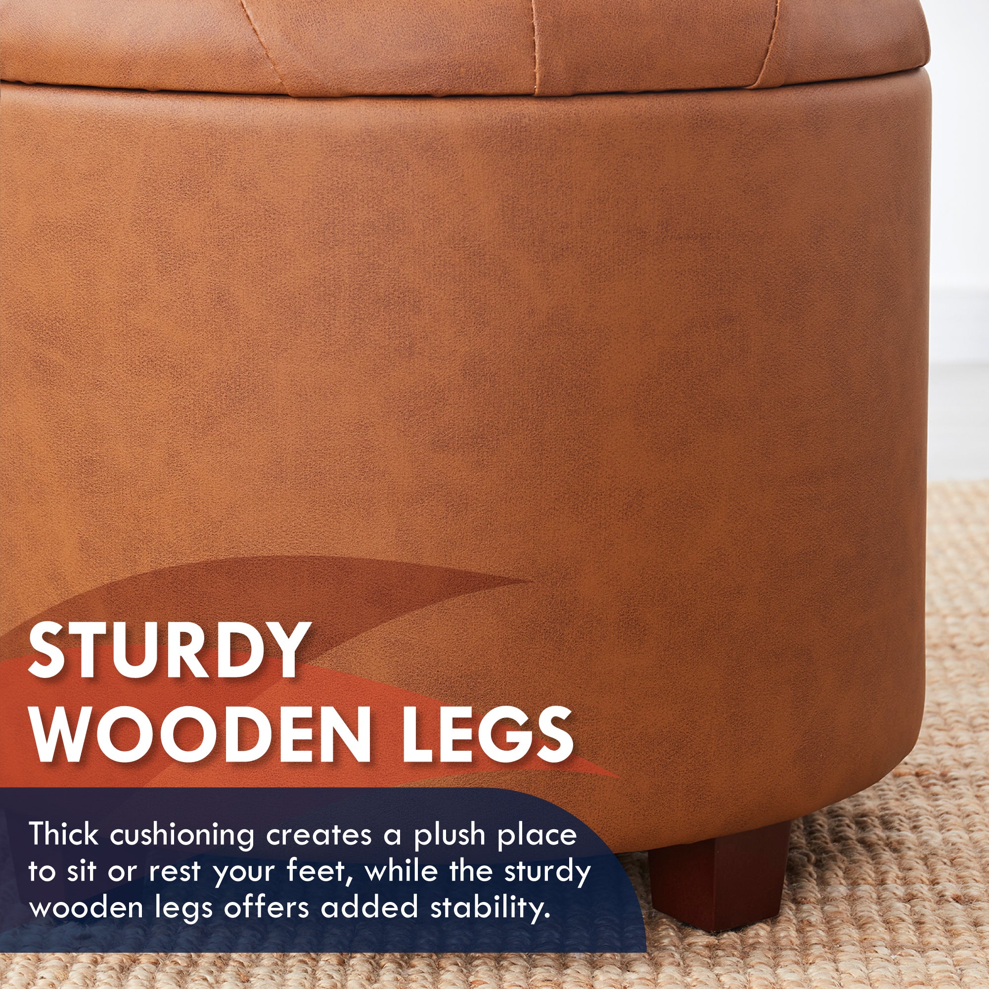 Donovan Round Tufted Faux Leather Storage Ottoman - Cognac