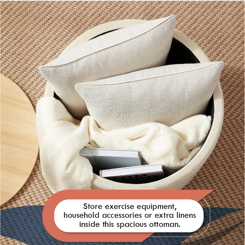 Parker Round Velvet Coffee Table Storage Ottoman - Cream