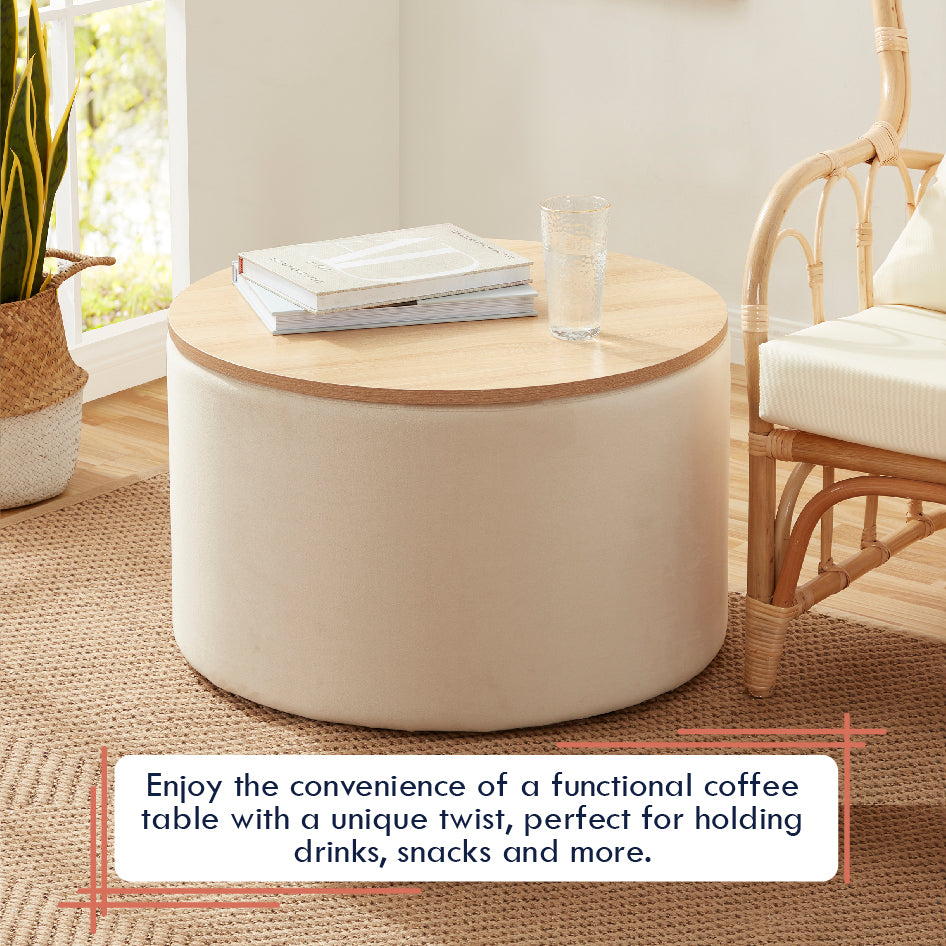 Parker Round Velvet Coffee Table Storage Ottoman - Cream