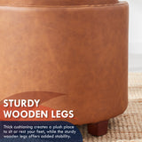 Lawrence Round Faux Leather Storage Ottoman with Table Top Lid - Cognac
