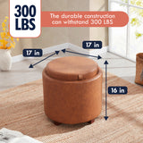 Lawrence Round Faux Leather Storage Ottoman with Table Top Lid - Cognac