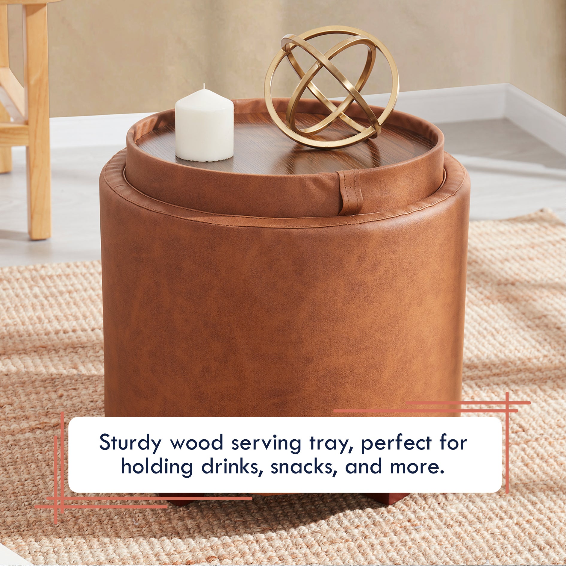 Lawrence Round Faux Leather Storage Ottoman with Table Top Lid - Cognac