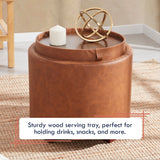 Lawrence Round Faux Leather Storage Ottoman with Table Top Lid - Cognac