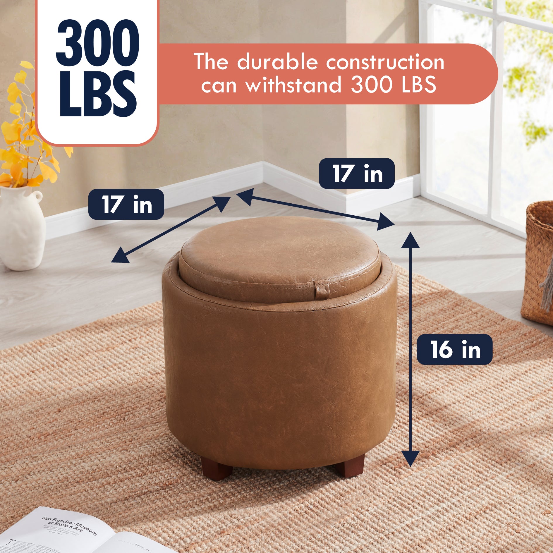 Lawrence Round Faux Leather Storage Ottoman with Table Top Lid