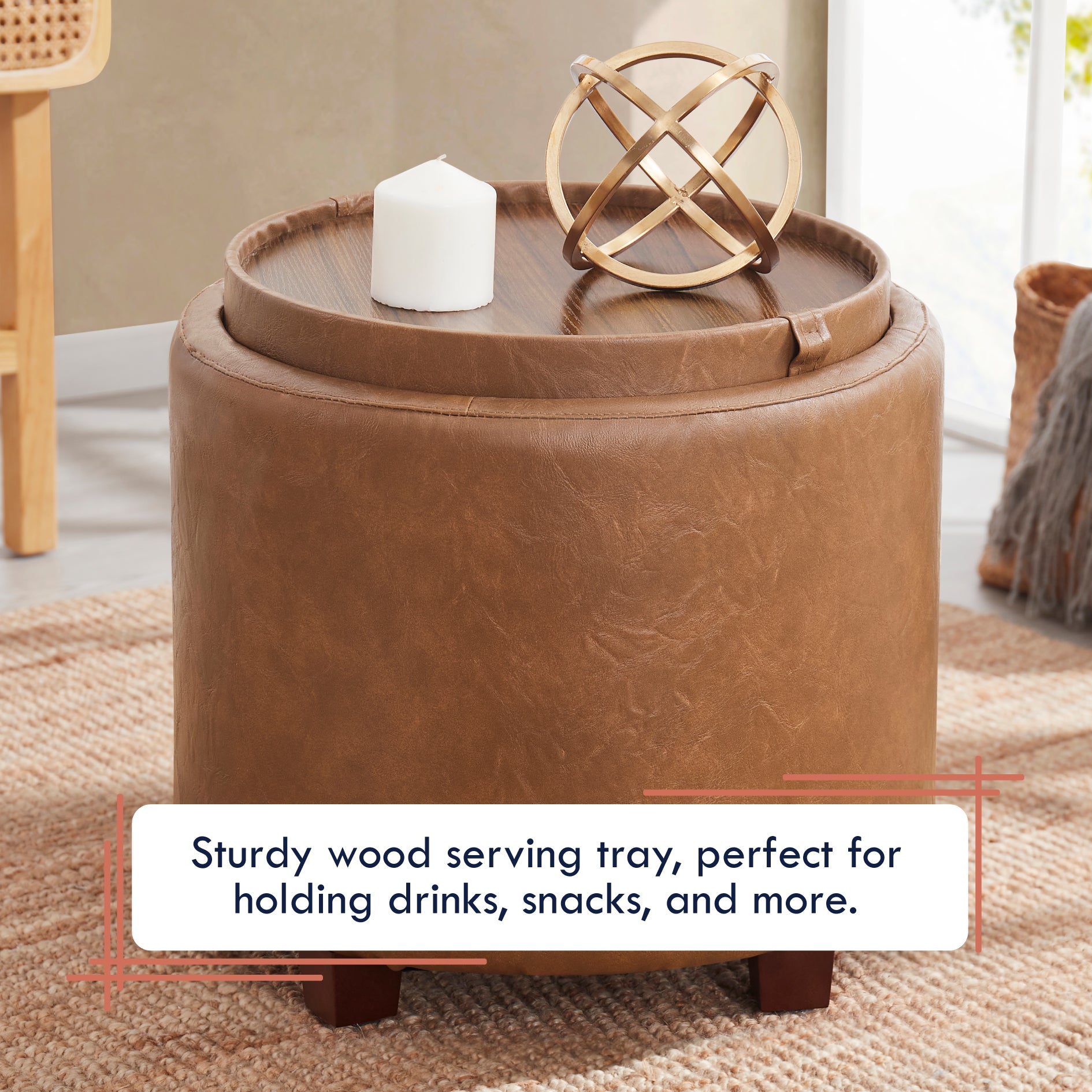 Lawrence Round Faux Leather Storage Ottoman with Table Top Lid