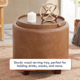 Lawrence Round Faux Leather Storage Ottoman with Table Top Lid