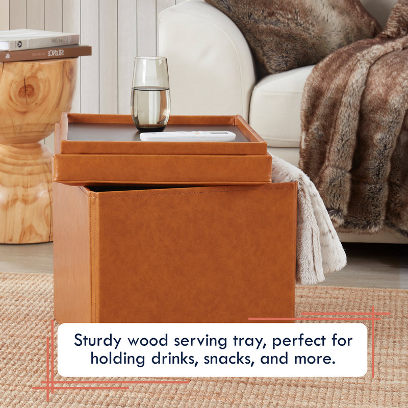 Collapsible Tufted Faux Leather Square Coffee Table Storage Ottoman - Cognac