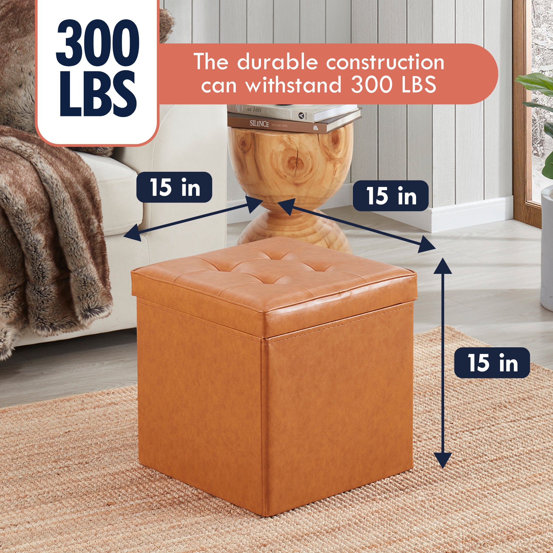 Collapsible Tufted Faux Leather Square Coffee Table Storage Ottoman - Cognac