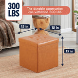 Collapsible Tufted Faux Leather Square Coffee Table Storage Ottoman - Cognac