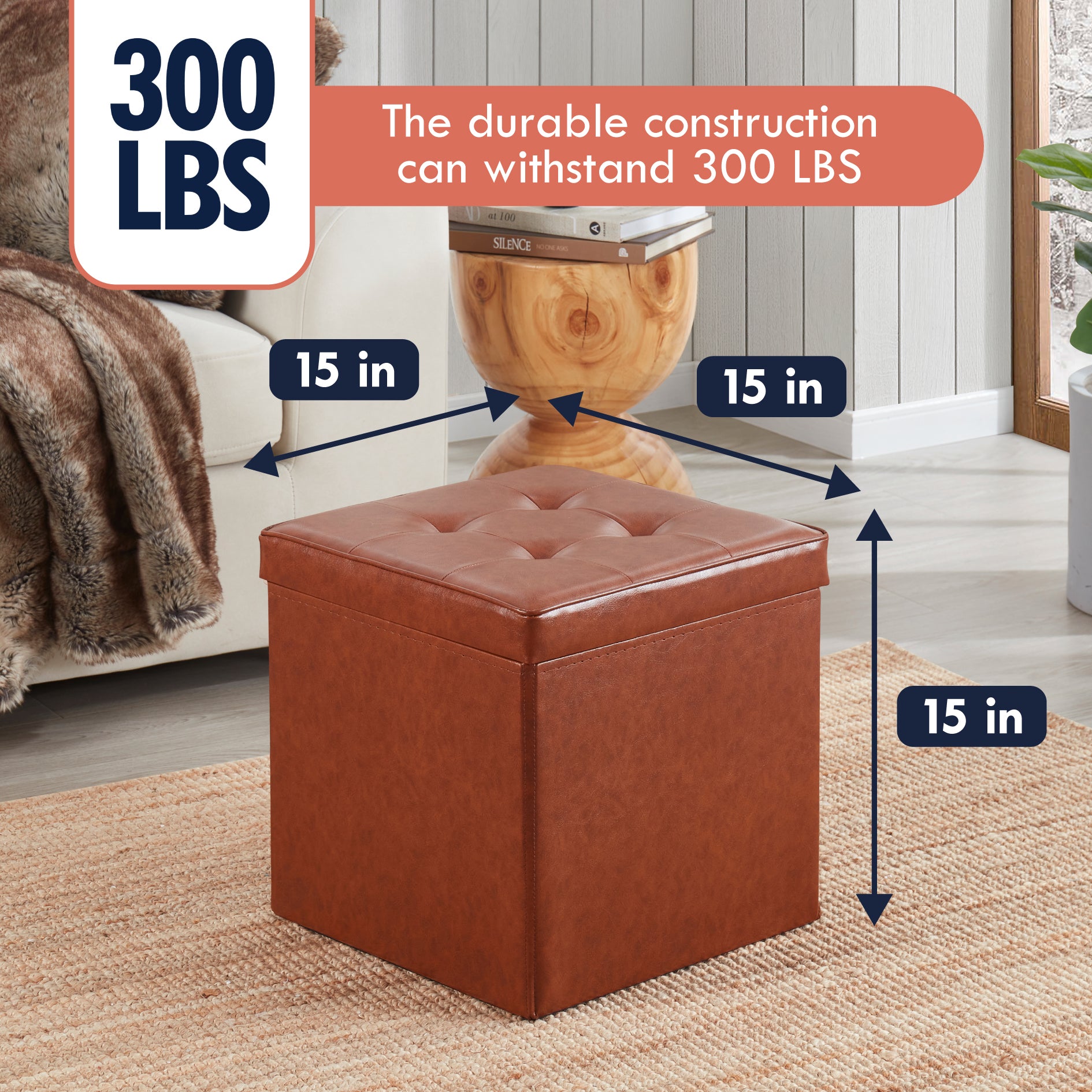 Collapsible Tufted Faux Leather Square Coffee Table Storage Ottoman