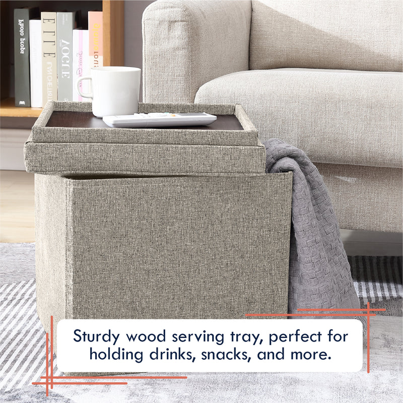 Collapsible Tufted Linen Square Coffee Table Storage Ottoman - Beige