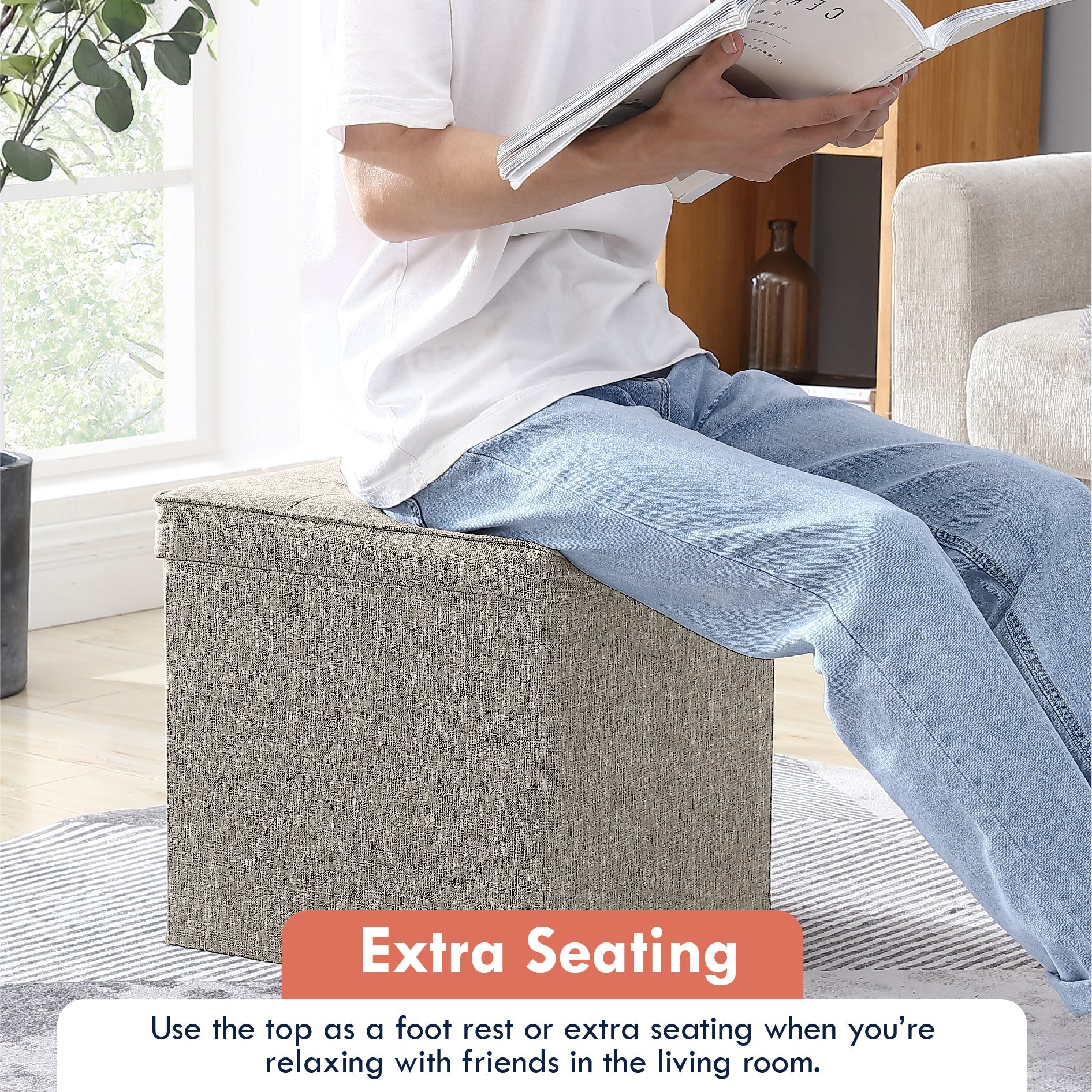 Foldable Tufted Linen Square Storage Ottoman with Table Top Lid