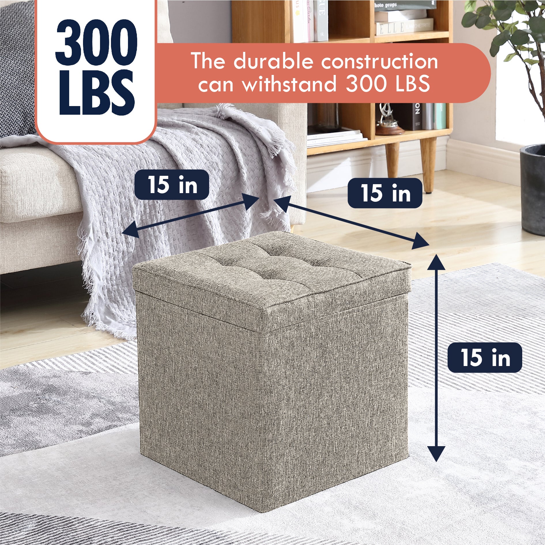 Collapsible Tufted Linen Square Coffee Table Storage Ottoman - Beige