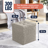 Collapsible Tufted Linen Square Coffee Table Storage Ottoman - Beige