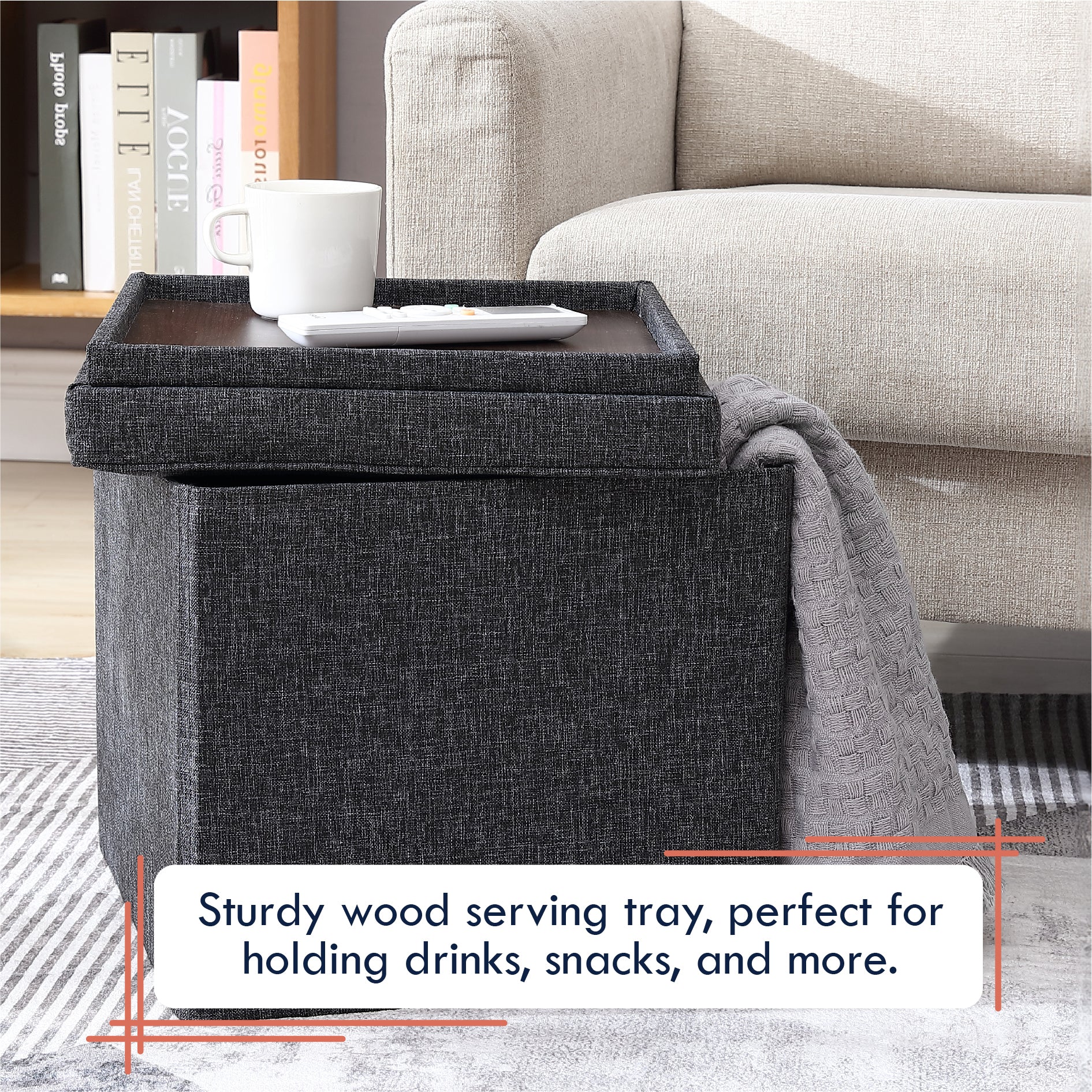 Collapsible Tufted Linen Square Coffee Table Storage Ottoman - Black