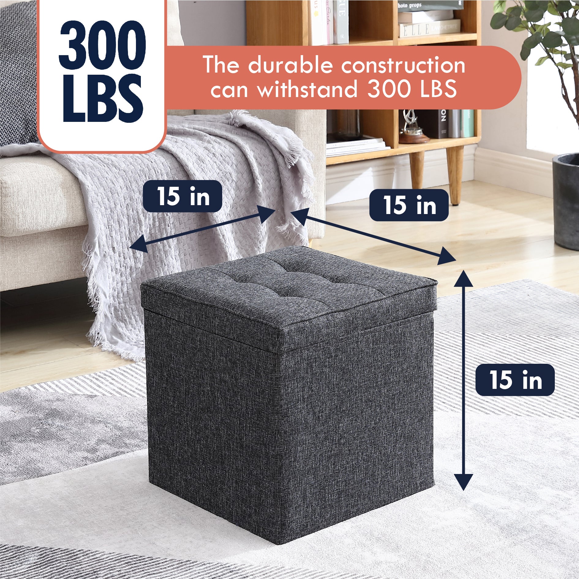 Collapsible Tufted Linen Square Coffee Table Storage Ottoman - Black