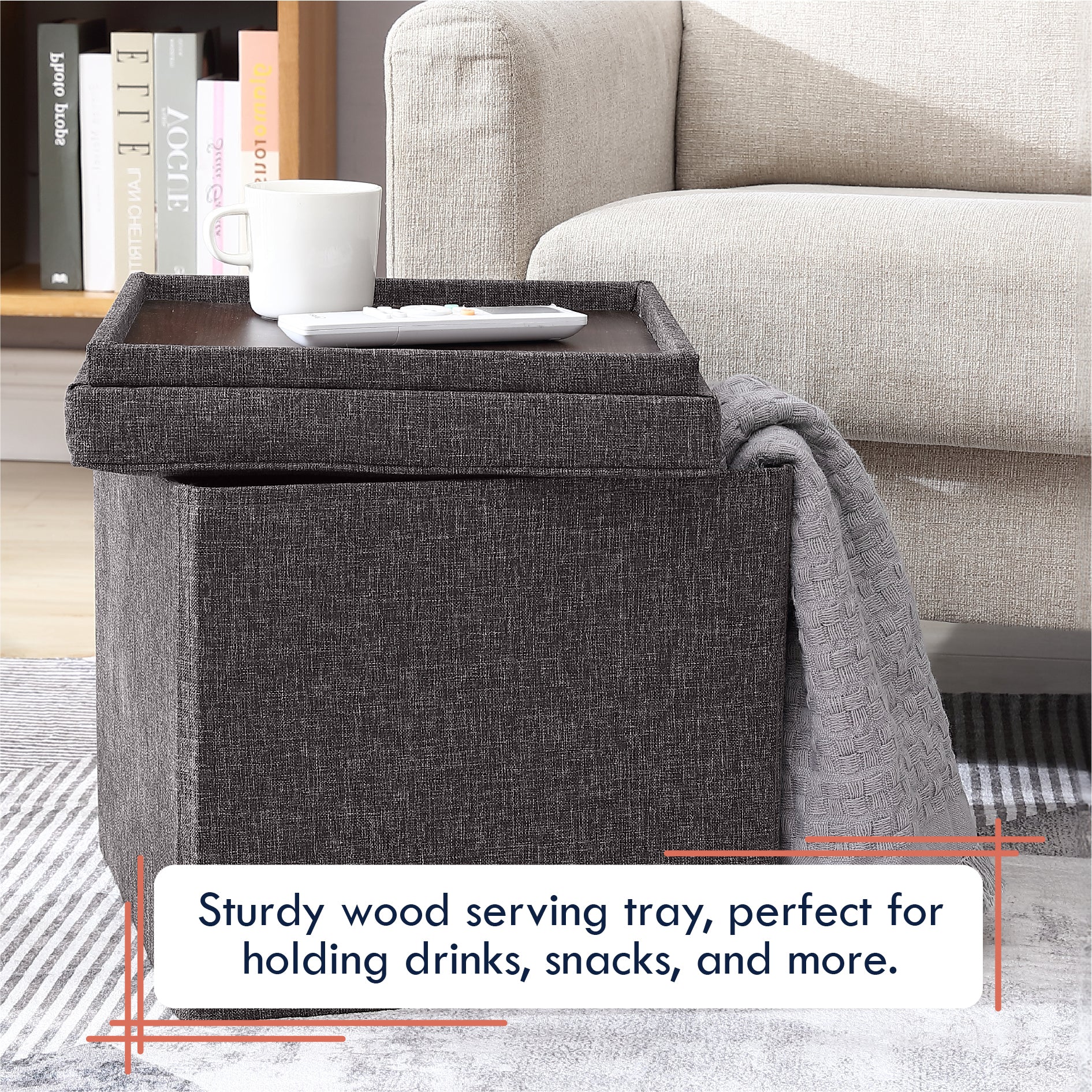 Collapsible Tufted Linen Square Coffee Table Storage Ottoman - Charcoal Gray