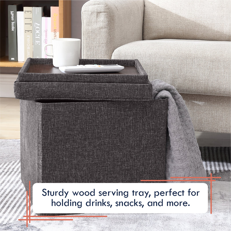 Collapsible Tufted Linen Square Coffee Table Storage Ottoman - Charcoal Gray