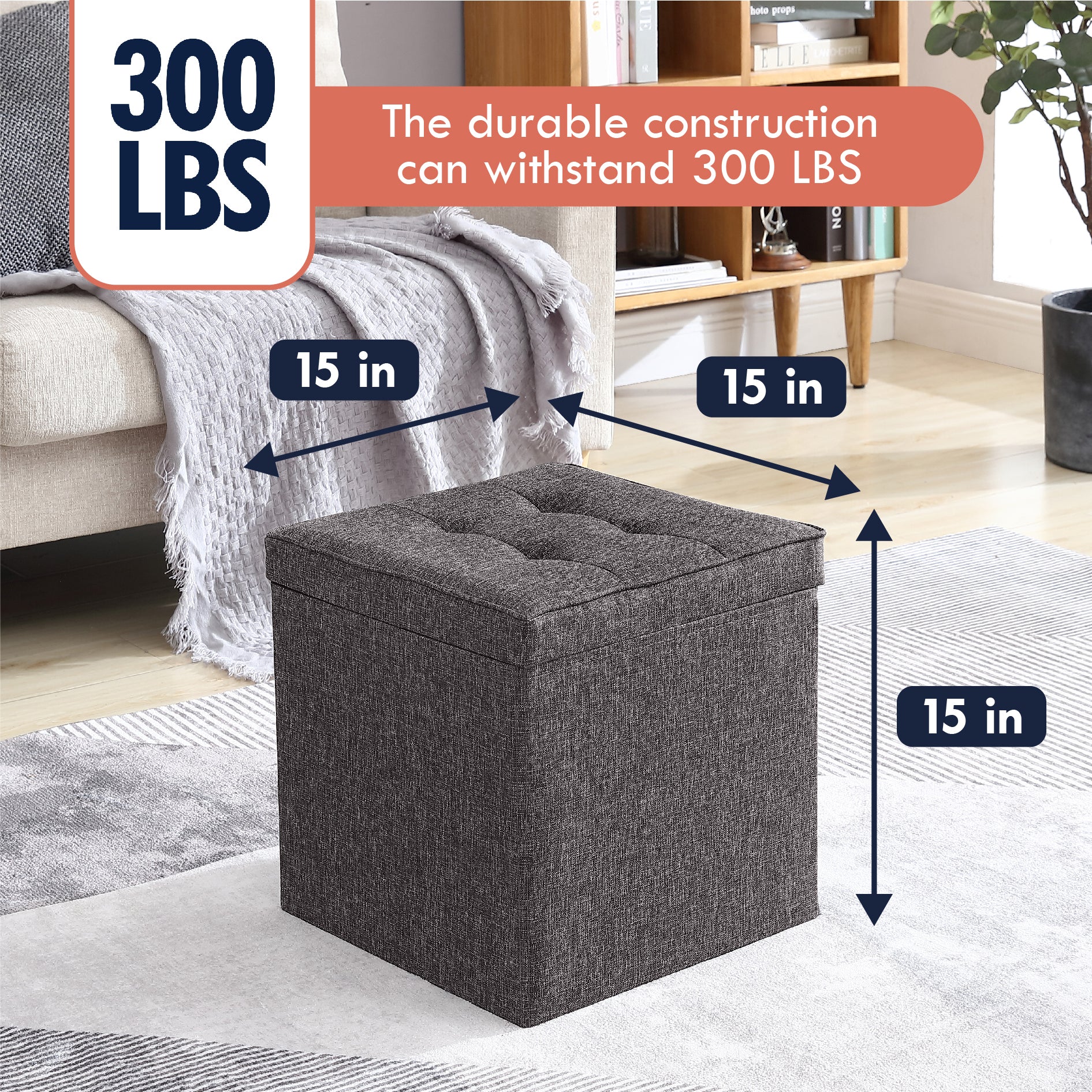 Collapsible Tufted Linen Square Coffee Table Storage Ottoman - Charcoal Gray