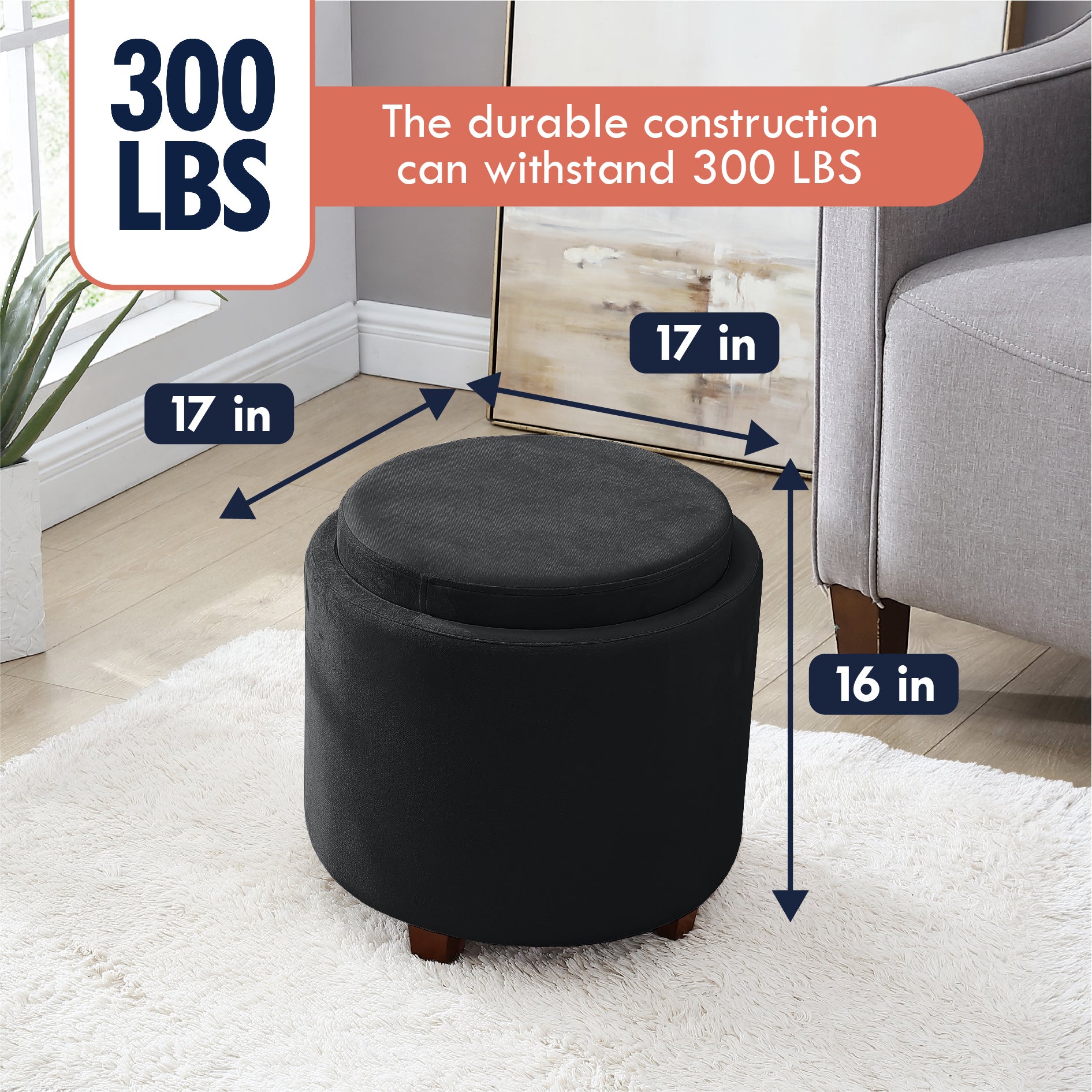 Lawrence Round Velvet Storage Ottoman with Table Top Lid - Black