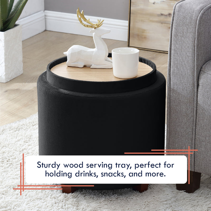 Lawrence Round Velvet Storage Ottoman with Table Top Lid - Black