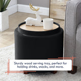 Lawrence Round Velvet Storage Ottoman with Table Top Lid - Black