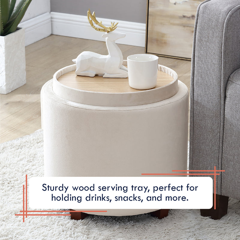Lawrence Round Velvet Storage Ottoman with Table Top Lid - Cream