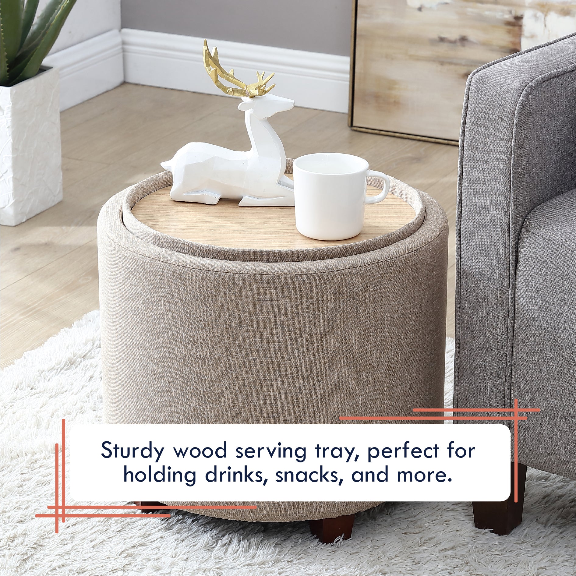 Lawrence Round Linen Storage Ottoman with Table Top Lid - Beige